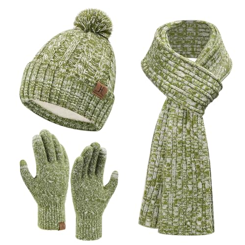 Bequemer Laden Damen Winter Warm Pompom Mütze Touchscreen Handschuhe Lang Schal Set mit Fleece Gefüttert, Wintermütze Beanie Strickmütze mit Bommel Schals Winterhandschuhe, Olivgrün von Bequemer Laden