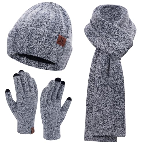 Bequemer Laden Damen Winter Warm Mütze Touchscreen Handschuhe und Lang Schal Set mit Fleece Gefütterte, Wintermütze Strickmütze Beanie Schals Winterhandschuhe Strickhandschuhe, Dunkelgrau von Bequemer Laden