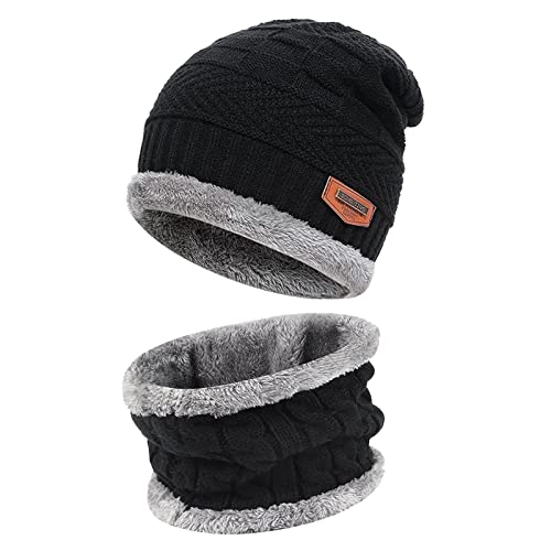 Bequemer Laden Kinder Winter Warm Mütze und Loop Schal Set mit Fleece Gefütterte für 3-8 Jahre Jungen Mädchen, Wintermütze Strickmütze Beanie Schlauchschal Halswärmer, Z Schwarz von Bequemer Laden