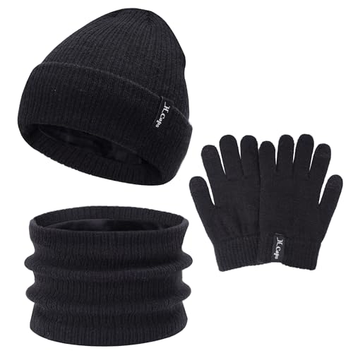 Bequemer Laden Kinder Winter Warm Mütze Loop Schal Touchscreen Handschuhe Set, Jungen Mädchen Wintermütze Strickmütze Schlauchschal Winterhandschuhe Strickhandschuhe für 4-8 Jahre, B Schwarz von Bequemer Laden