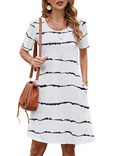 Bequemer Laden Damen Casual Sommer Tshirt Kleid Locker Rundhals Kurzarm Midi Kleider Knielang Elegant Sommerkleid Strandkleid mit Taschen, D Gestreift Weiß, XL von Bequemer Laden