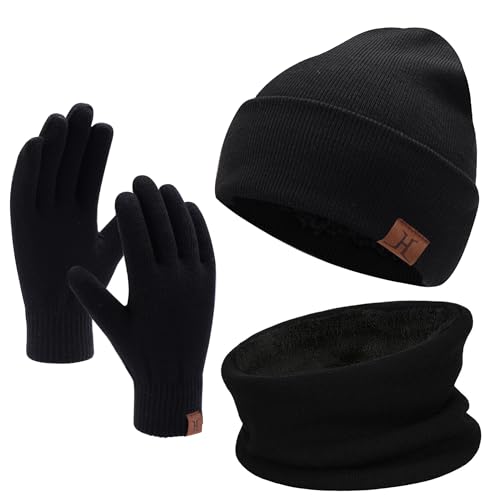 Bequemer Laden Wintermütze Herren Strickmütze, Rundschal, Touchscreen Handschuhe - Sets, Warme Handschuhe Winterschal und Mütze mit Fleecefutter, Schwarz, Einheitsgröße von Bequemer Laden