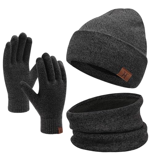 Bequemer Laden Wintermütze Herren Strickmütze, Rundschal, Touchscreen Handschuhe - Sets, Warme Handschuhe Winterschal und Mütze mit Fleecefutter, Dunkelgrau, Einheitsgröße von Bequemer Laden