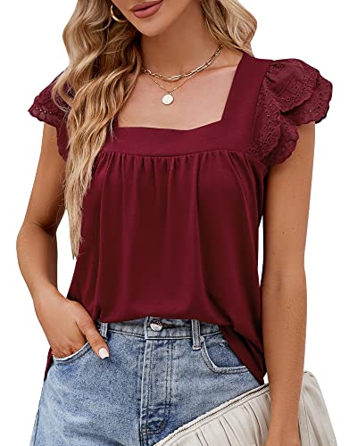 Damen Frühling Sommer Eckigem Ausschnitt T-Shirt Spitze Rüschen Kurzarm Tunika Oberteile Top 2023, Burgund, L von Bequemer Laden