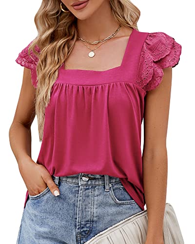 Damen Frühling Sommer Eckigem Ausschnitt T-Shirt Spitze Rüschen Kurzarm Tunika Oberteile Top 2023, Leuchtend Rosa, S von Bequemer Laden