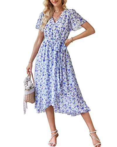 Damen Sommer Lang Kleid V-Ausschnitt Kurzarm Blumen Maxikleid A-Linie Rüschen Sommerkleid Schlitz Gürtel Boho Strandkleid Wickelkleid 2023, B Lila, M von Bequemer Laden