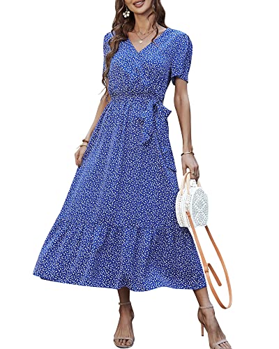 Damen Sommer Lang Kleid V-Ausschnitt Kurzarm Blumen Maxikleid A-Linie Rüschen Sommerkleid Schlitz Gürtel Boho Strandkleid Wickelkleid 2023, C Blau, XXL von Bequemer Laden