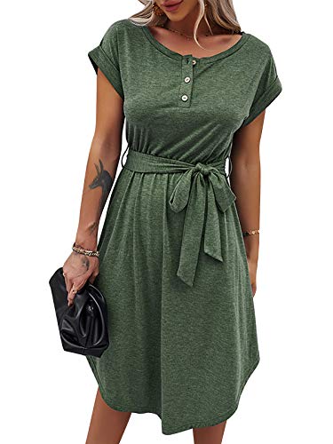 Bequemer Laden Damen Sommer Kleid Knopfleiste Kurzarm Midi Kleider Elegant Sommerkleid Businesskleid mit Taille Krawatte 2023, Grün, L von Bequemer Laden