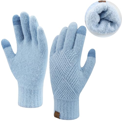Damen Winter Warm Touchscreen Handschuhe Thermo Gestrickte Winterhandschuhe Doppellagige Strickhandschuhe mit Fleece Gefütterte Frauen Geschenk, Himmelblau von Bequemer Laden