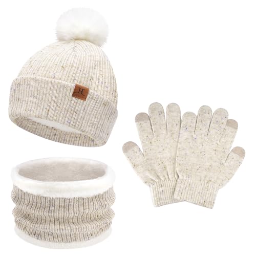 Kinder Winter Warm Beanie Mütze Loop Schal und Touchscreen Handschuhe Set, Pompom Wintermütze Strickmütze Winterhandschuhe Schlauchschal mit Fleece Gefütterte für 5–8 Jahre Mädchen Jungen, Beige Kinder Winter Warm Beanie Mütze Loop Schal und Touchscreen Handschuhe Set, Pompom Wintermütze Strickmütze Winterhandschuhe Schlauchschal mit Fleece Gefütterte für 5–8 Jahre Mädchen Jungen, Beige von Bequemer Laden