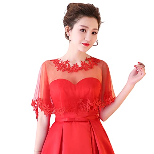 Berax Brautkleid Umhang Elegant Hochzeitsschal Brautzusatz Retro Spitze Tüll Stola Boleros für Abendkleid Cocktaikleid,Rot von Berax