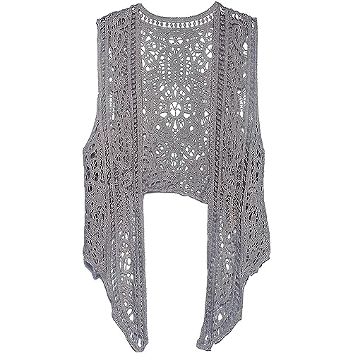 Berax Damen Bluse Lace Häkel Tops Weste Baumwolle Cardigan Hippie Häkeln Hohl Spitze Irregular Boho Weste Bluse (Grey) von Berax