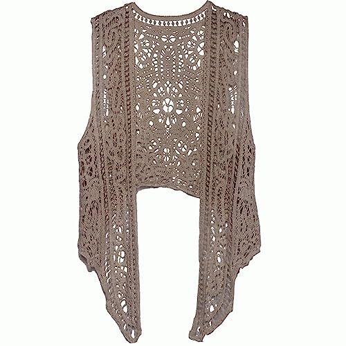 Berax Damen Weste Cardigan Hippie Gilet Häkeln Hohl Spitze Irregular Boho Ärmellos Cardigan Outwear Weste Irregular Weste Bluse (Khaki) von Berax