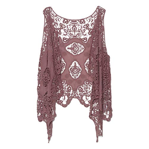 Berax Damen Weste Cardigan Sommer Hippie Gilet Häkeln Hohl Spitze Irregular Boho Ärmellos Cardigan Weste Kurz (Dunkelrosa) von Berax