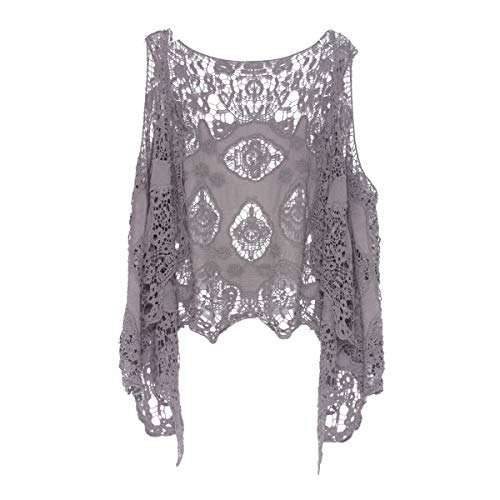 Berax Damen Weste Cardigan Sommer Hippie Gilet Häkeln Hohl Spitze Irregular Boho Ärmellos Cardigan Weste Kurz (Grau) von Berax