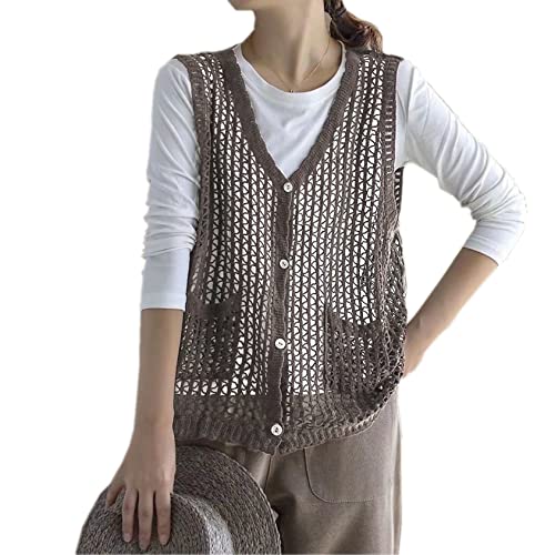 Berax Damen Weste Crochet Cardigan Große Größen V-Ausschnitt Ärmellos Knopf Gilet Häkeln Hohl Westen,Grau von Berax