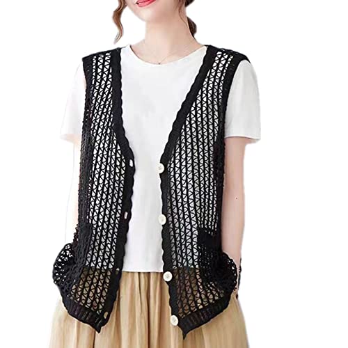 Berax Damen Weste Crochet Cardigan Große Größen V-Ausschnitt Ärmellos Knopf Gilet Häkeln Hohl Westen,Schwarz von Berax