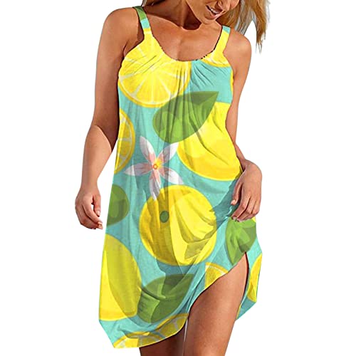 Berimaterry Strandkleider Damen Sommer Mode Obst Druck Rundhals Sleeveless Spleiß Bügel Strand Feiertags Kleid von Berimaterry