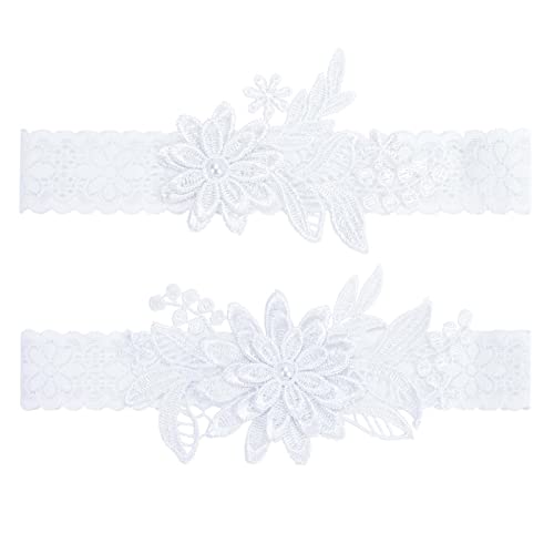 Berkelen Strumpfband für Hochzeit Blume Spitze Hochzeitsstrumpfband Elastische Braut Strumpfband für Bräute, Brautjungfern, Hochzeiten Braut Accessoires Weiß 2 Stücke von Berkelen