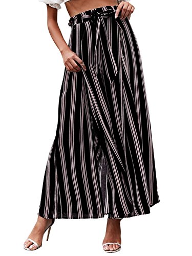 BerryGo Damen Boho High Waist Split Stripe Wide Leg Hose - Schwarz - 36-38 von BerryGo