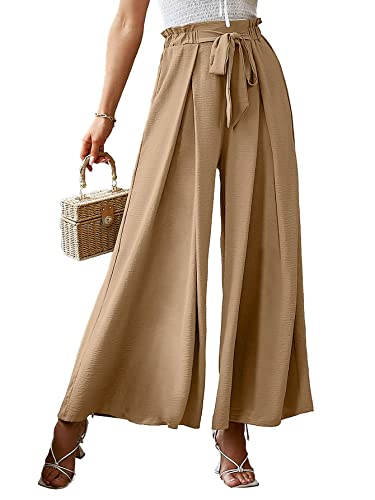 BerryGo Damen Boho Leinen Hohe Taille Hose Split Flowy Stripe Wide Leg Pant, Aprikose, 44 von BerryGo