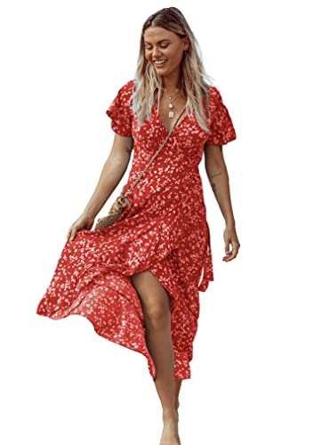 BerryGo Damen Boho V-Ausschnitt Rüschen Floral Wrap Maxikleid, A1: rot, 44 von BerryGo