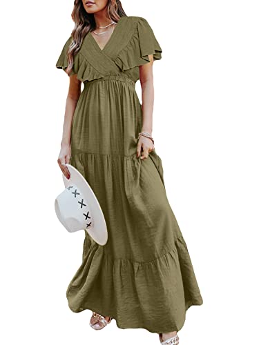 BerryGo Damen Boho V Ausschnitt Rüschen Wrap Maxikleid Casual Gestuftes Sommer Swing Kleid, Rüschen-grün, Groß von BerryGo