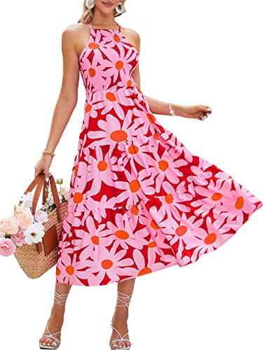 BerryGo Damen Sommer Neckholder Floral Maxi Kleid Boho Strand Urlaub Langes fließendes rückenfreies Kleid, A1, Blumenmuster, Rot, Klein von BerryGo