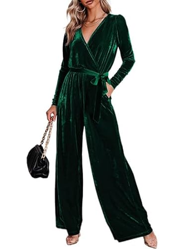 BerryGo Frauen 2023 Samt Formale Langarm Hochzeit Gast Jumpsuits Breites Bein V-Ausschnitt Strampler Dressy mit Gürteltasche, Samt-smaragdgrün, Large von BerryGo