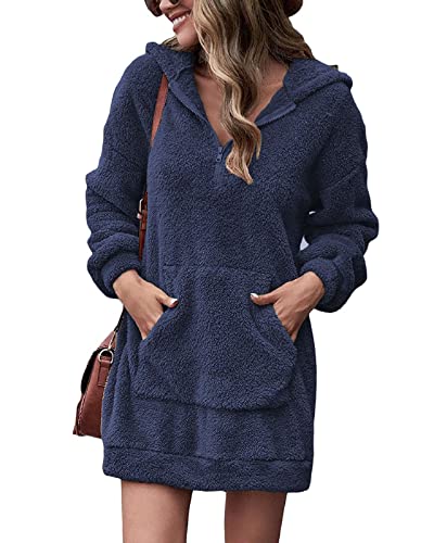 Berun Kapuzenpullover Damen Winter Teddy-Fleece Pullover Warm Hoodie Sweatshirt Kleider Plüsch Winterpullover Sweater Langarm Pulli mit Tasche von Berun