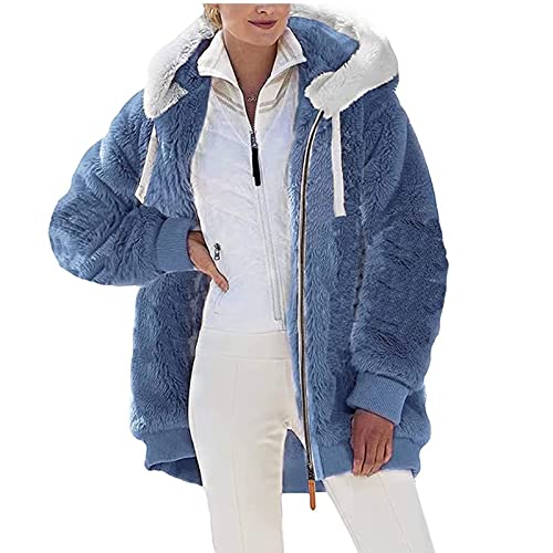 Berun Zip Up Hoodie Damen Fleecejacke mit Kapuze Plüschjacke Warm Flauschjacke Große Größen Teddy Fleece Mantel Winter Kapuzenpullover, Einfarbig-Blau, M von Berun