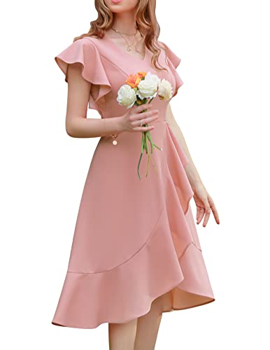 Berylove Abendkleid Damen Elegant Für Hochzeit A Line Rüschenkleider Cocktailkleider Midi Lang BLP7059 Blush 3XL von Berylove