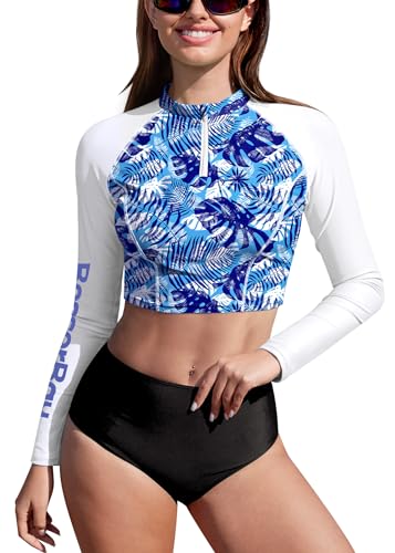 BesserBay Damen Oberteil Surf Shirt Langarm 1/4 Zip Bauchfrei UV Shirts Blau Weiß UPF 50+ Rash Guard M von BesserBay