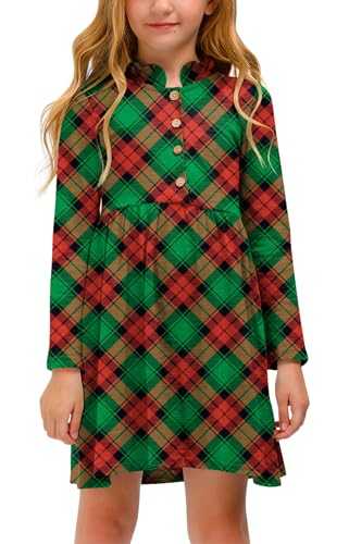 BesserBay Weihnachten Mädchen Karierter Druck Kleid mit Rüsche Kragen Langarm Lässig Freizeitkleid Rot 110 von BesserBay