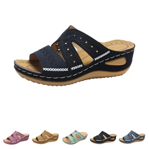 Blisscomfy Sandalen mit Fußgewölbeunterstützung, breite Zehenbox, offene Zehenpartie, Keilsandalen mit Fußgewölbeunterstützung für Damen, dämpfende Sohle, Schwarz , 38 EU von Bestciety