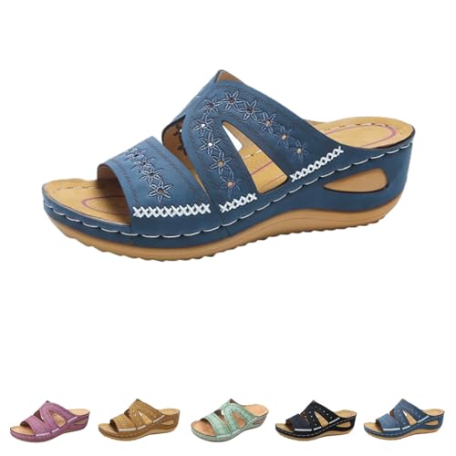 Blisscomfy Sandalen mit Fußgewölbeunterstützung, breite Zehenbox, offene Zehenpartie, Keilsandalen mit Fußgewölbeunterstützung für Damen, dämpfende Sohle, blau, 35 EU von Bestciety