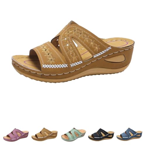 Blisscomfy Sandalen mit Fußgewölbeunterstützung, breite Zehenbox, offene Zehenpartie, Keilsandalen mit Fußgewölbeunterstützung für Damen, dämpfende Sohle, braun, 36 EU von Bestciety