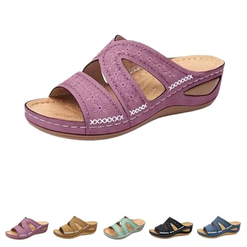 Blisscomfy Sandalen mit Fußgewölbeunterstützung, breite Zehenbox, offene Zehenpartie, Keilsandalen mit Fußgewölbeunterstützung für Damen, dämpfende Sohle, violett, 35 EU von Bestciety