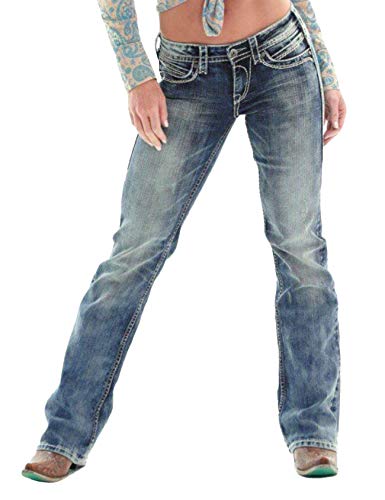 Bestgift Damen Gerades Bein Dicke Naht Jeans Indigo L von Bestgift