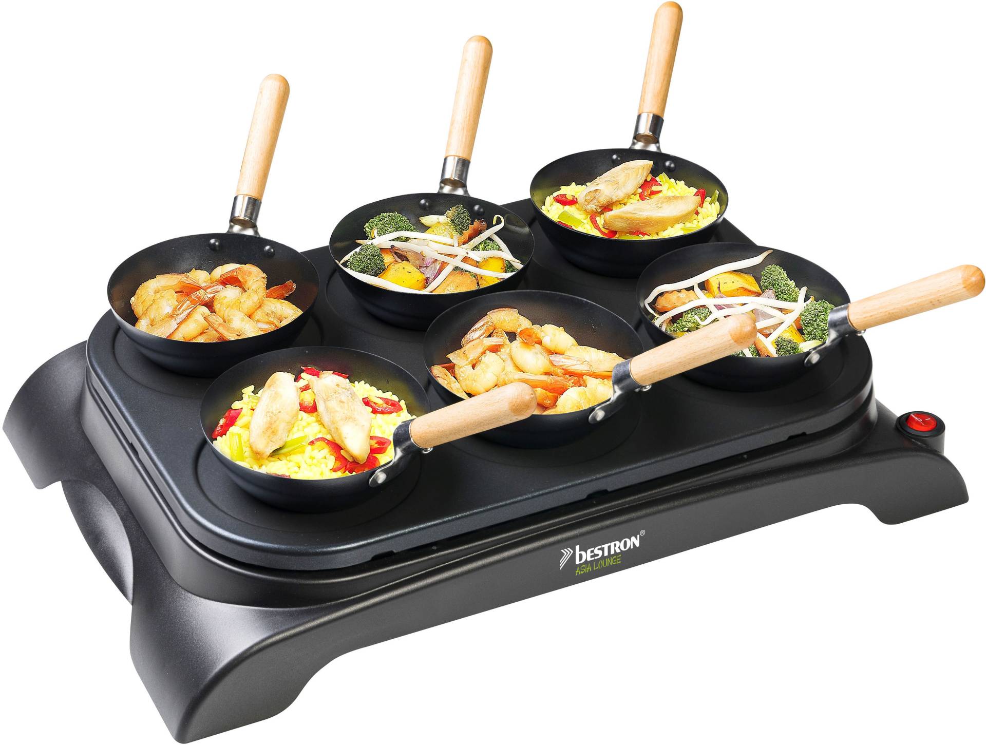 bestron Raclette "AWS600", 6 St. Raclettepfännchen, 1000 W, Mini Wok Pfannen für 6 Personen, inkl. 6 Holzspatel & 1 Schöpflöffel von Bestron