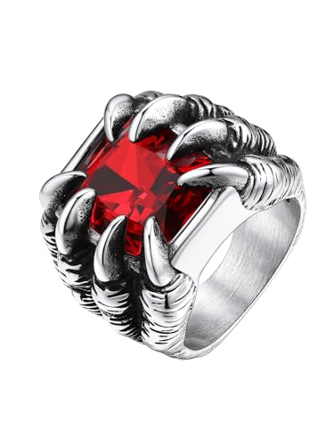 Bestyle Herren Ring mit Roter Stein 316L Edelstahl Chunky Gothic Dragon Bandring Zirkonia Verlobungsring Vintage Punk Biker Drachen Schmuck für Männer Damen, Silber, Ringgröße 60 von Bestyle