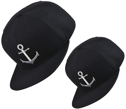 Bexxwell Snapback Caps 2er-Set Partnerlook für Klein und Groß schwarz mit Anker (optimale Passform, Kinder, Baseball Caps, Kappe, Black, Anchor, Unisex) von Bexxwell