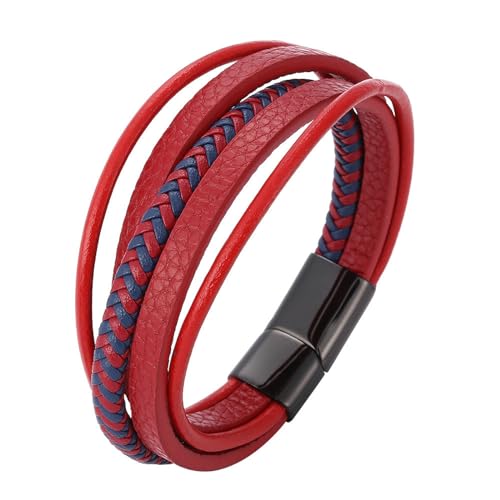 Beydodo Armband Leder Herren 12MM, Partnerarmband Leder Mehrschichtig mit Magnetverschluss Charms Armband Personalisiert Rot Blau 18.5CM von Beydodo