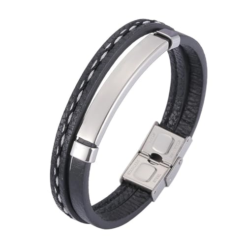 Beydodo Herren Armbänder Gravur, Leder Armband 12MM 2-Layer mit Schild Sicherheitsverschluss Partnerarmband Schwarz Leder 20.5CM von Beydodo