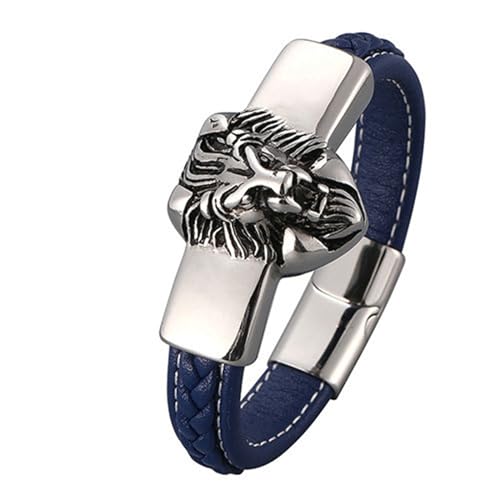 Beydodo Leder Armband Männer Personalisiert, Partnerarmbänder Leder Löwe 12MM mit Magnetverschluss Charm Armband Blau 16.5CM von Beydodo