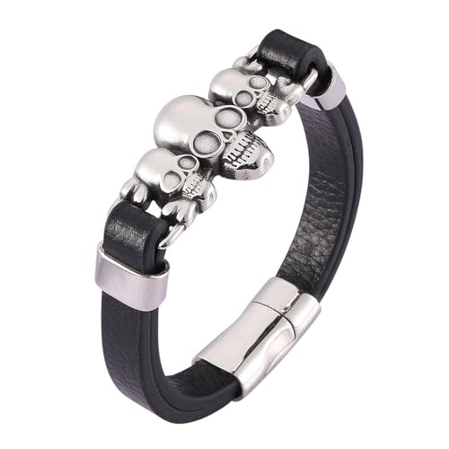 Beydodo Lederarmband Herren mit Gravur, Armbänder Personalisiert Totenköpfe 12MM mit Magnetverschluss Charms Armband Partner Schwarz 20.5CM von Beydodo