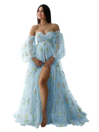 Beyonddress Blume Stickerei Tüll Umstandskleider Robe Mutterschaft Kleid für Fotoshooting Puffy Sleeve Baby Dusche Kleid,Blau,S/M Beyonddress Blume Stickerei Tüll Umstandskleider Robe Mutterschaft Kleid für Fotoshooting Puffy Sleeve Baby Dusche Kleid,Blau,S/M von Beyonddress