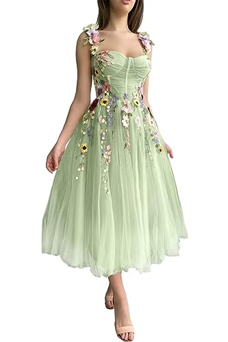 Beyonddress Damen 3D Blume Applique Abendkleider mit Stickerei Tüll Ballkleider Teelänge Formelle Party Kleider(B-Salbei Grün,38) von Beyonddress