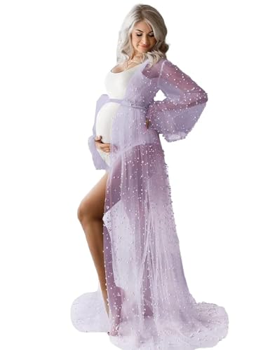 Beyonddress Damen Perle Umstandskleider für Fotoshooting Lange Puffy Ärmel Tüll Hochzeit Robe Perlen Braut Schwangere Kleider,Lavendel,S/M Beyonddress Damen Perle Umstandskleider für Fotoshooting Lange Puffy Ärmel Tüll Hochzeit Robe Perlen Braut Schwangere Kleider,Lavendel,S/M von Beyonddress