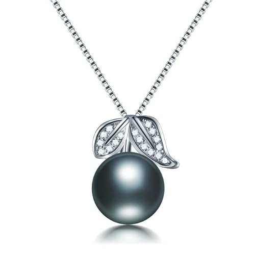 BgnEhRfL Perle, Perlenanhänger, Halskette, Sterlingsilber, Zirkon-Blatt-Anhänger, Schmuck, 100% echte natürliche Süßwasserperlen-Halskette for Frauen (Color : Black) von BgnEhRfL